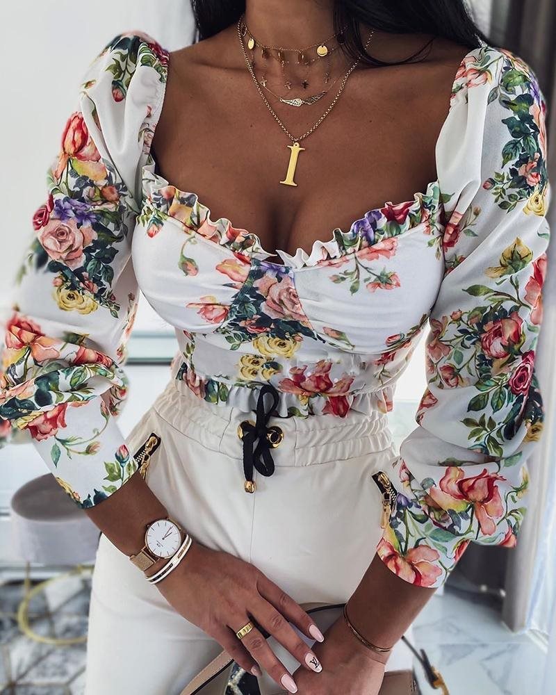 Sexy puff sleeve print top