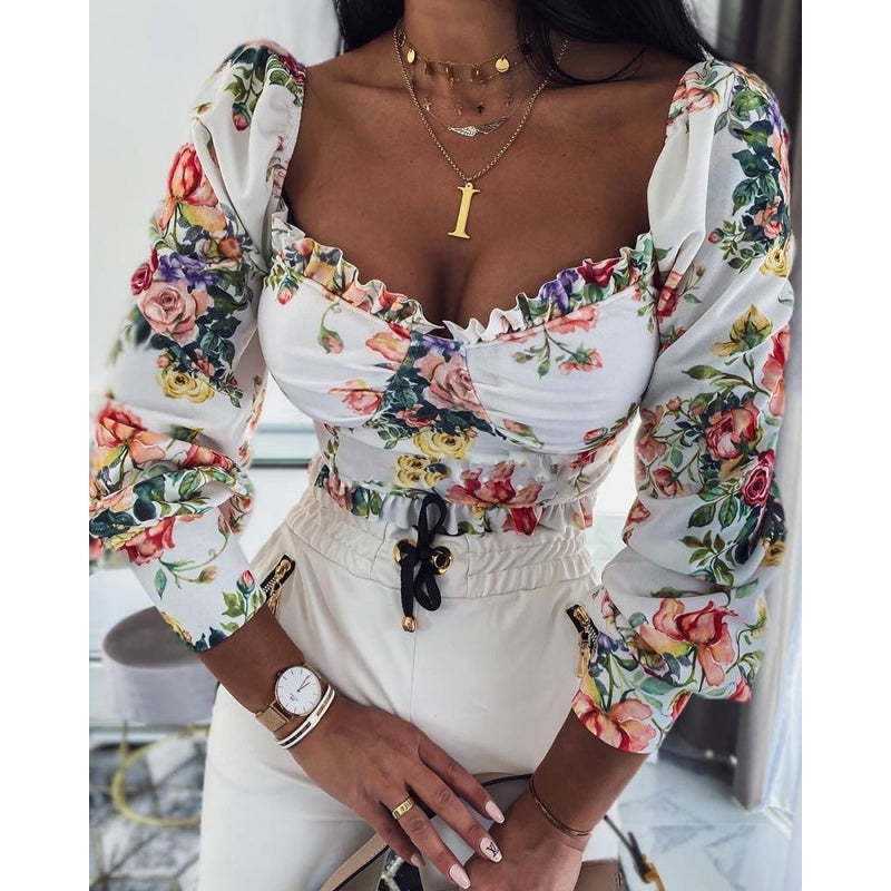 Sexy puff sleeve print top