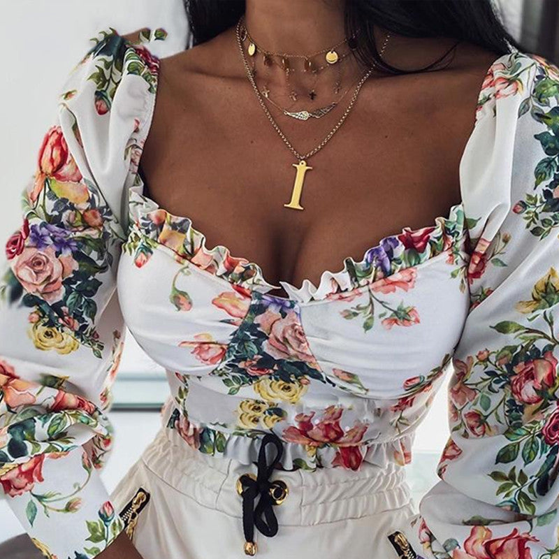 Sexy puff sleeve print top