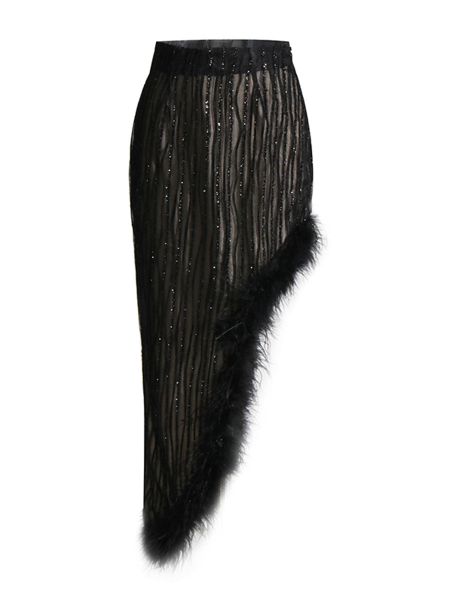 Irregular Skirt Ostrich Hair Patchwork Suit