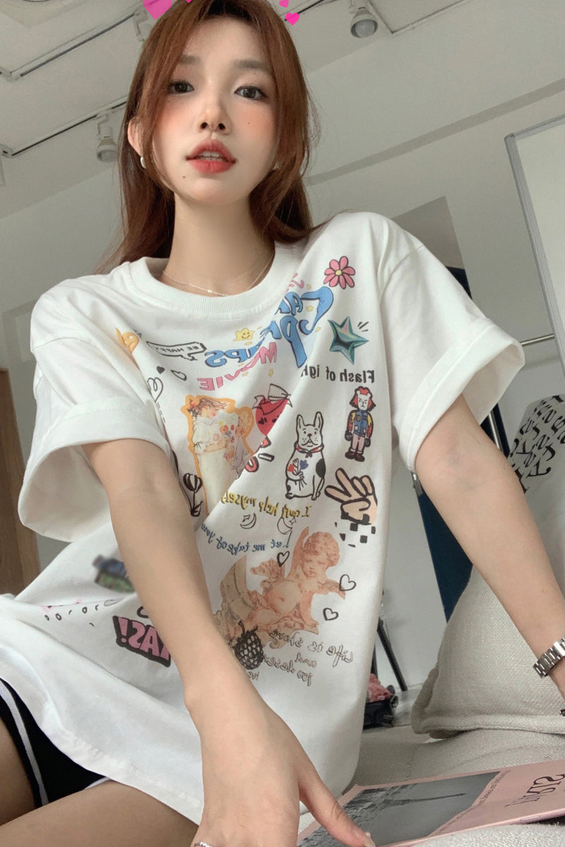 White Cute Cartoon Print Front Shoulder Short Sleeve T Shirt