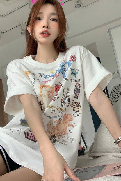 White Cute Cartoon Print Front Shoulder Short Sleeve T Shirt