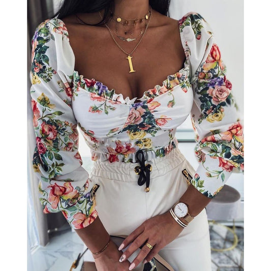 Sexy puff sleeve print top