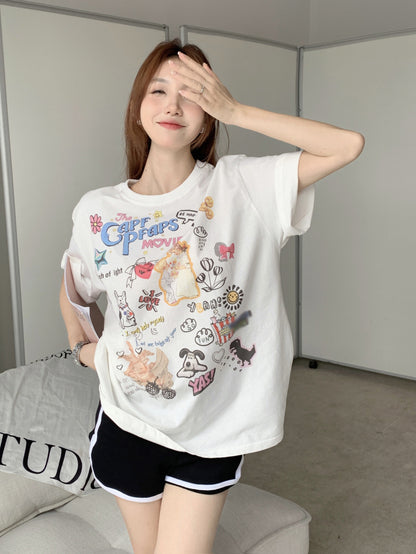 White Cute Cartoon Print Front Shoulder Short Sleeve T Shirt