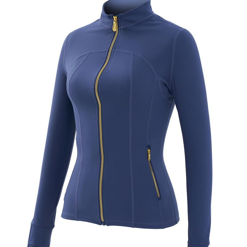 Elevate Your Activewear: Golden Zipper Women's Sporty Jacket with Gardenia Scent and 25'' Inseam Leggings Featuring Thumbholes