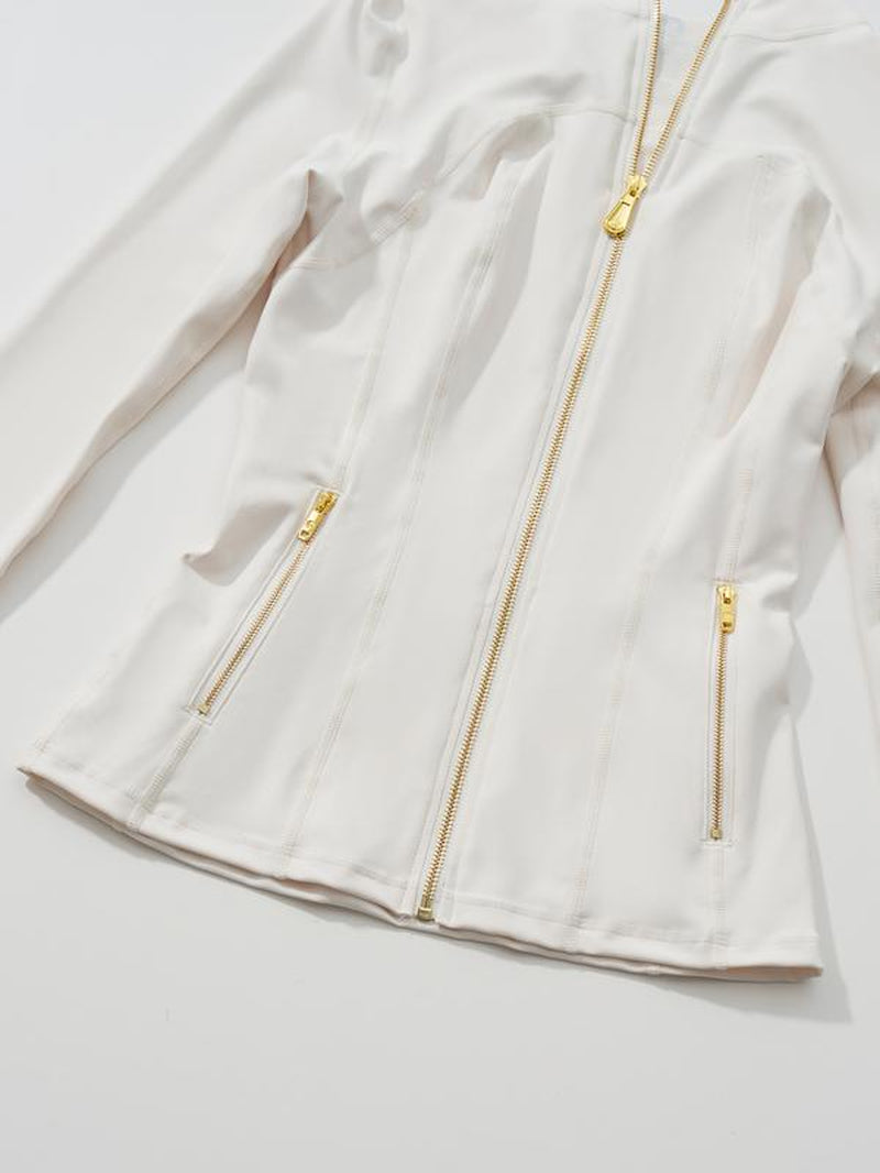Elevate Your Activewear: Golden Zipper Women's Sporty Jacket with Gardenia Scent and 25'' Inseam Leggings Featuring Thumbholes
