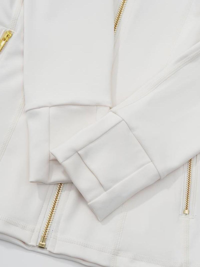 Elevate Your Activewear: Golden Zipper Women's Sporty Jacket with Gardenia Scent and 25'' Inseam Leggings Featuring Thumbholes