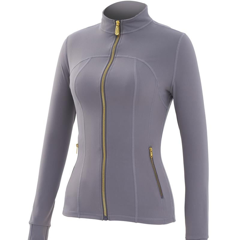 Elevate Your Activewear: Golden Zipper Women's Sporty Jacket with Gardenia Scent and 25'' Inseam Leggings Featuring Thumbholes