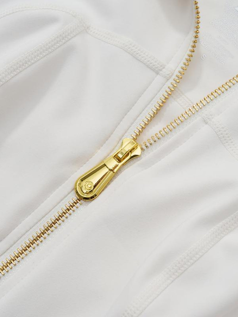 Elevate Your Activewear: Golden Zipper Women's Sporty Jacket with Gardenia Scent and 25'' Inseam Leggings Featuring Thumbholes