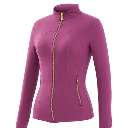 Elevate Your Activewear: Golden Zipper Women's Sporty Jacket with Gardenia Scent and 25'' Inseam Leggings Featuring Thumbholes