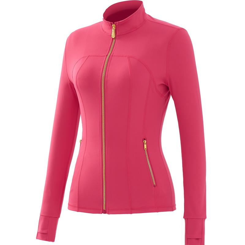 Elevate Your Activewear: Golden Zipper Women's Sporty Jacket with Gardenia Scent and 25'' Inseam Leggings Featuring Thumbholes
