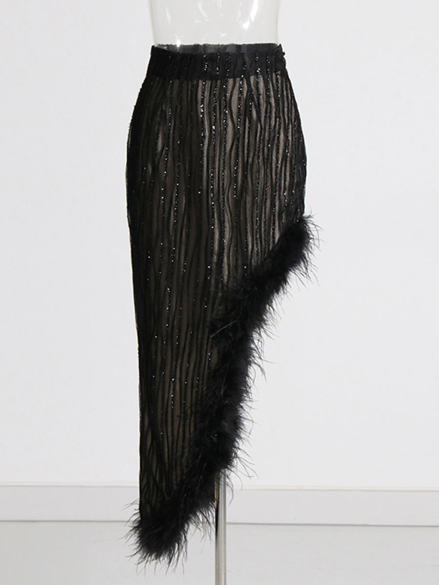 Irregular Skirt Ostrich Hair Patchwork Suit