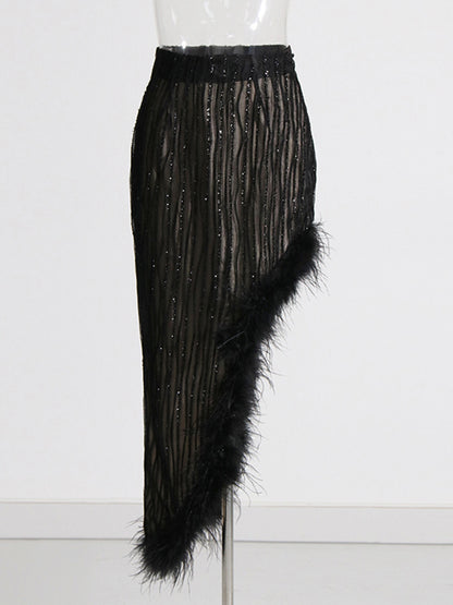 Irregular Skirt Ostrich Hair Patchwork Suit