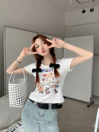 White Cute Cartoon Print Front Shoulder Short Sleeve T Shirt