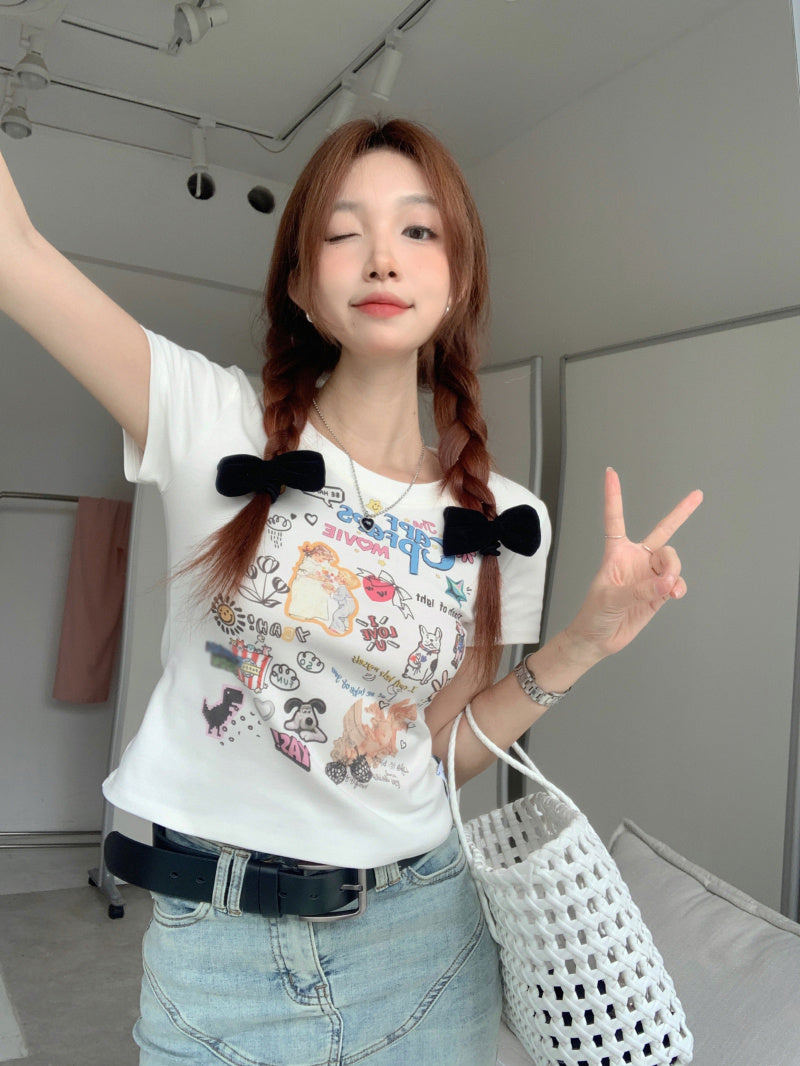 White Cute Cartoon Print Front Shoulder Short Sleeve T Shirt