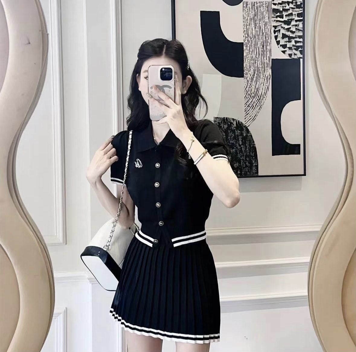 New Summer Polo Shirt Pleated Skirt Women