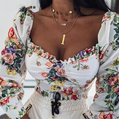 Sexy puff sleeve print top