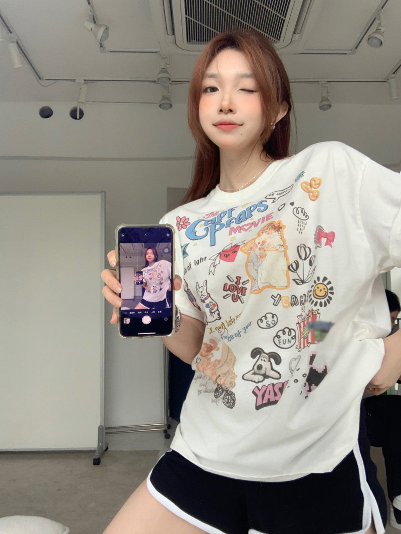White Cute Cartoon Print Front Shoulder Short Sleeve T Shirt