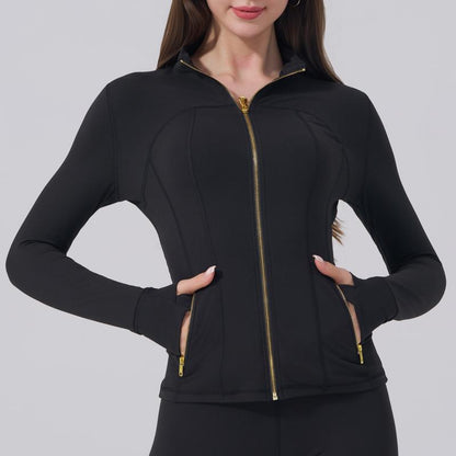 Elevate Your Activewear: Golden Zipper Women's Sporty Jacket with Gardenia Scent and 25'' Inseam Leggings Featuring Thumbholes