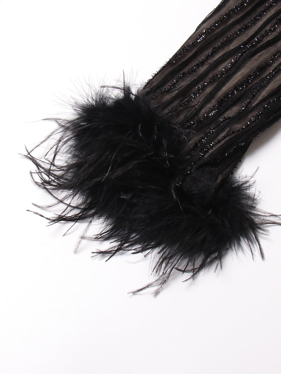 Irregular Skirt Ostrich Hair Patchwork Suit