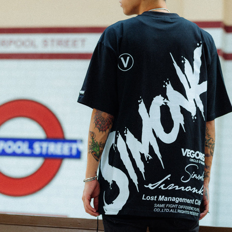 Hip-hop Street Graffiti Letters Printed Cotton T-shirt Men