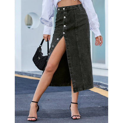 Button Irregular Slit Skirt Denim High Waist Long Skirt