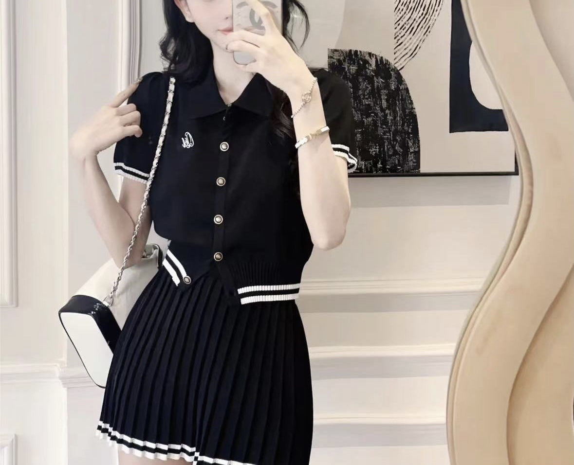 New Summer Polo Shirt Pleated Skirt Women