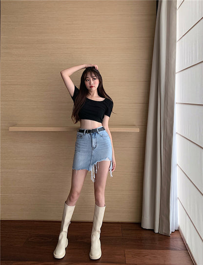 Denim Skirt Women Retro Irregular High Waist