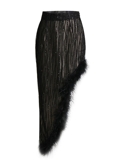 Irregular Skirt Ostrich Hair Patchwork Suit