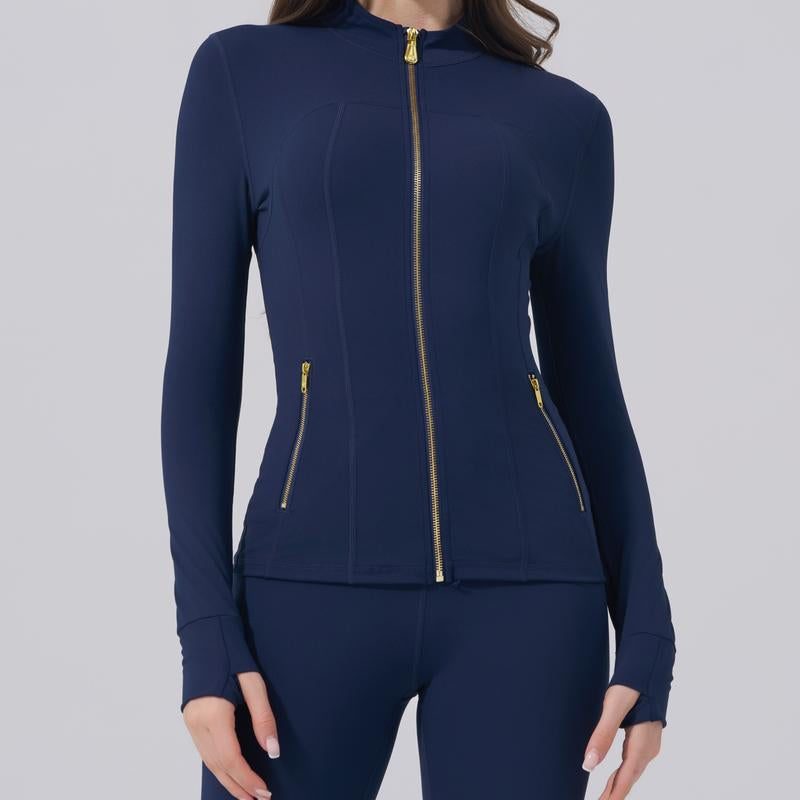 Elevate Your Activewear: Golden Zipper Women's Sporty Jacket with Gardenia Scent and 25'' Inseam Leggings Featuring Thumbholes