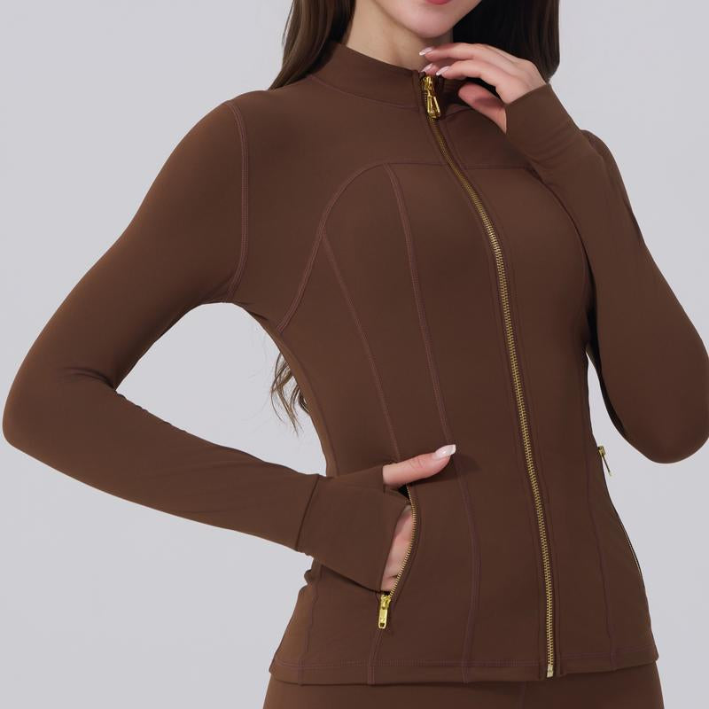 Elevate Your Activewear: Golden Zipper Women's Sporty Jacket with Gardenia Scent and 25'' Inseam Leggings Featuring Thumbholes