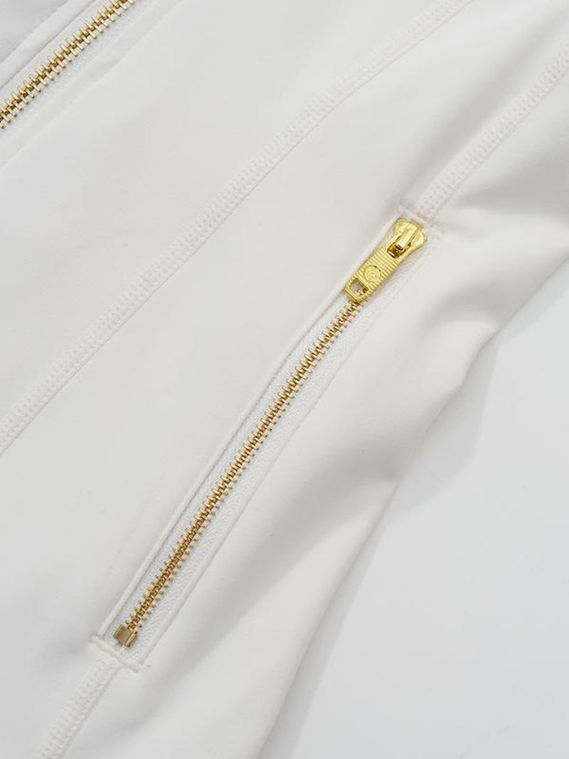 Elevate Your Activewear: Golden Zipper Women's Sporty Jacket with Gardenia Scent and 25'' Inseam Leggings Featuring Thumbholes