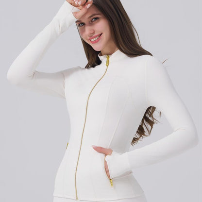 Elevate Your Activewear: Golden Zipper Women's Sporty Jacket with Gardenia Scent and 25'' Inseam Leggings Featuring Thumbholes